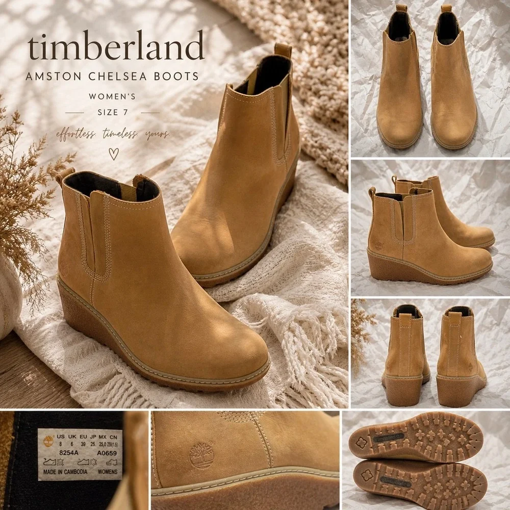 Timberland Amston Chelsea Boots‎ Womens 9 Tan Leather Wedge Lug Sole Minimalist
